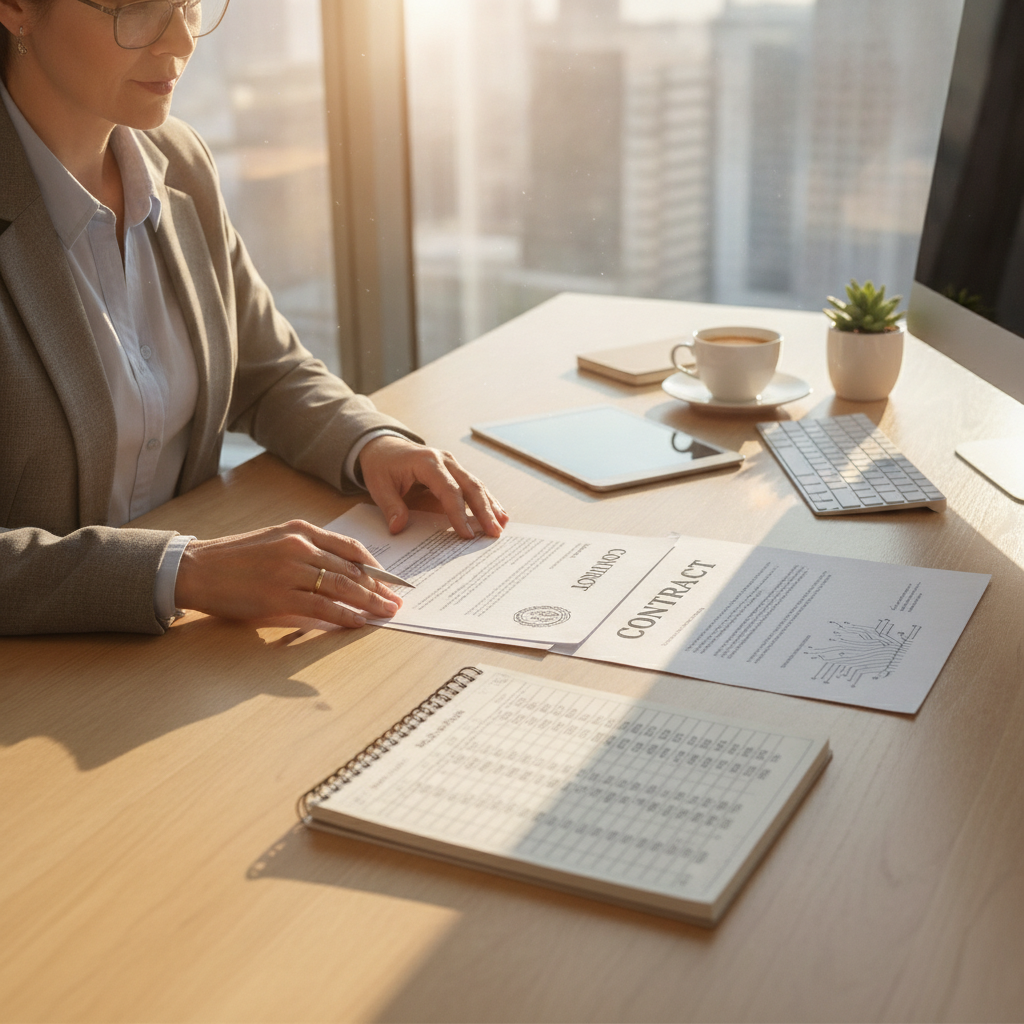 Professional reviewing two employment contracts and personal financial calculations at a wooden desk