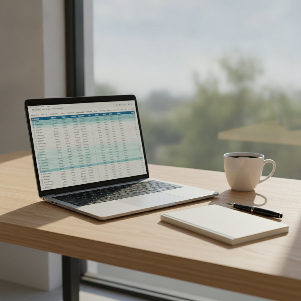 A desk with a laptop displaying a financial calculation spreadsheet, a pen, and a notebook.