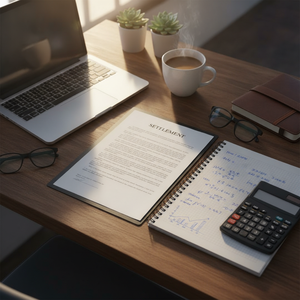 A desk with a redundancy settlement document, calculator, and financial notes representing employment decisions