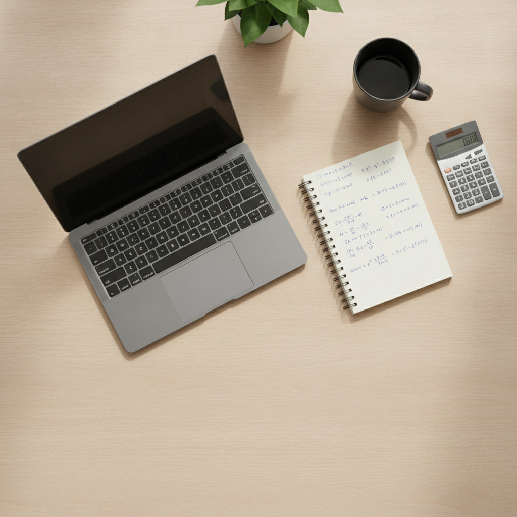 Modern laptop on an office desk beside a calculator and financial notes comparing computing costs.