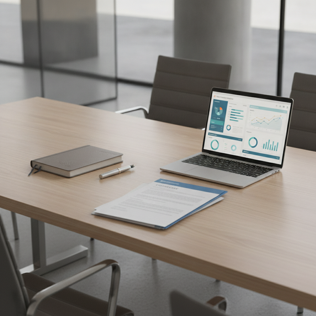 A financial contract document and laptop displaying enterprise software analytics on a modern conference desk.
