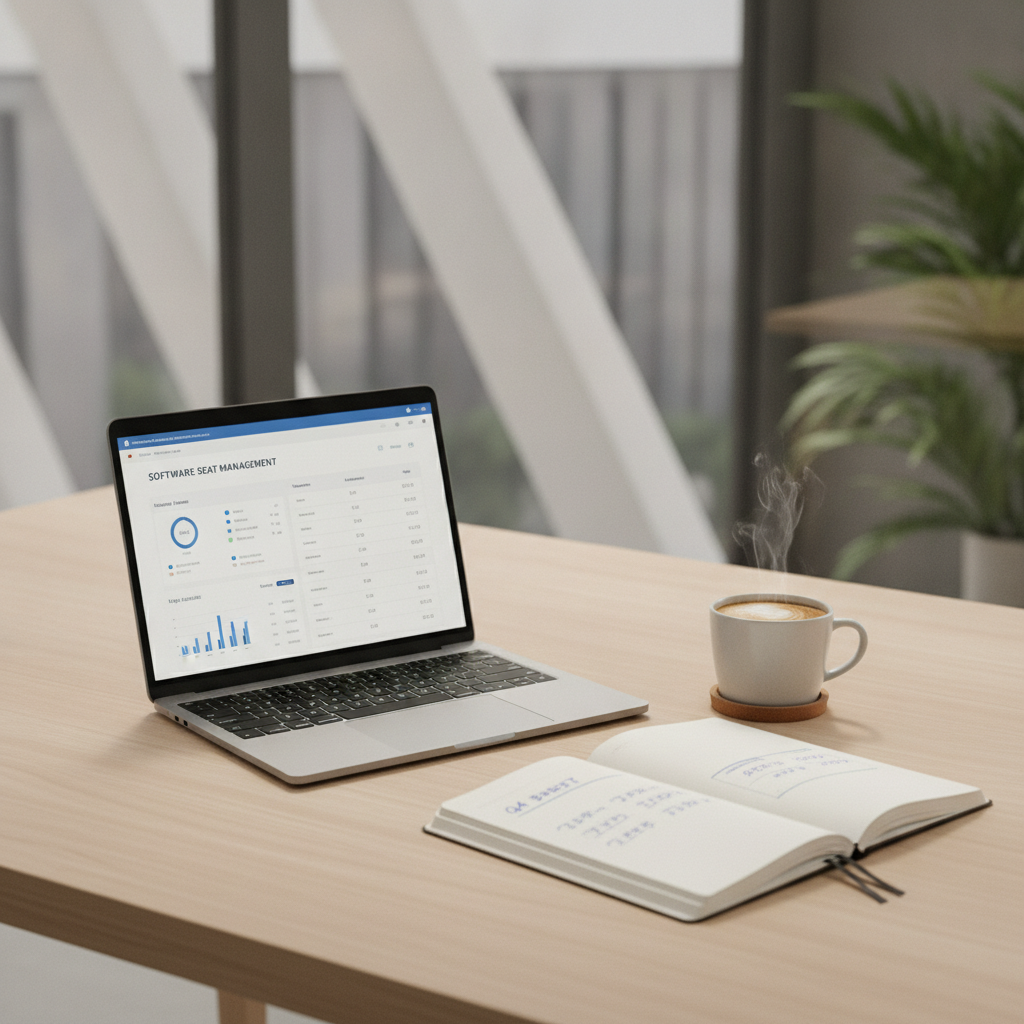 A clean workstation displaying a business software dashboard managing team licences and subscription seats.