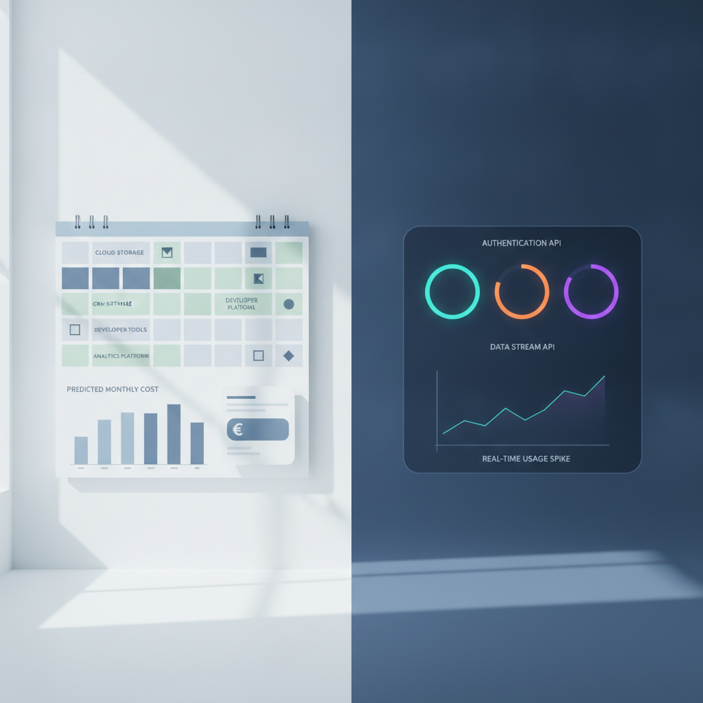 A visual comparison between flat monthly AI software subscription invoices and real-time pay-as-you-go API token billing dashboards.