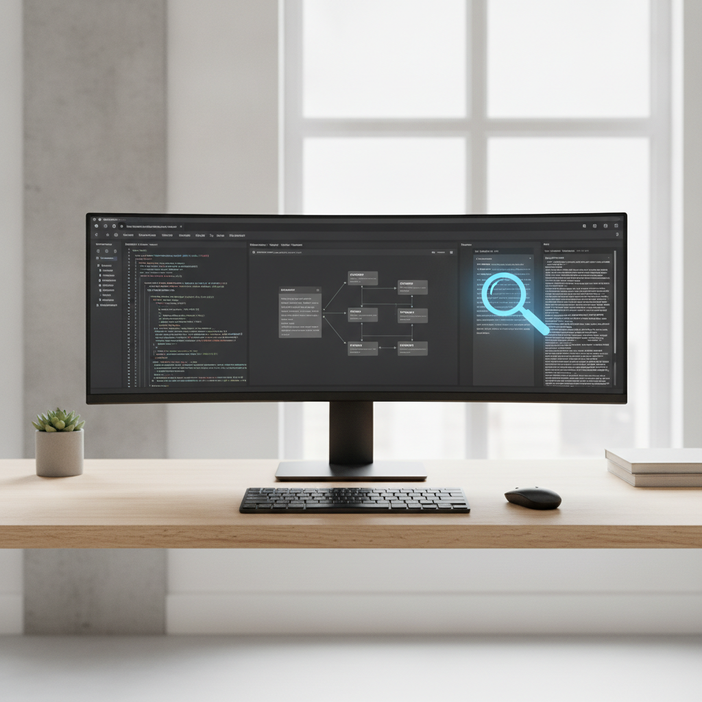 A computer monitor showing website code and structured data being analyzed for AI search visibility.